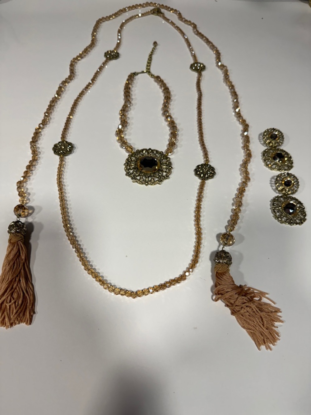 Heidi Daus Gold-Tone Necklace Set with Brown Tassels and Amber Beads & earrings.